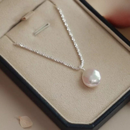 Sterling Silver Starry Chain 12mm Baroque Pearl Drop Pendant Necklace