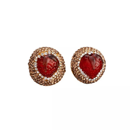 18K Gold GP Simulated Diamond 22mm Handmade Red Glaze Strawberry Stud Earrings