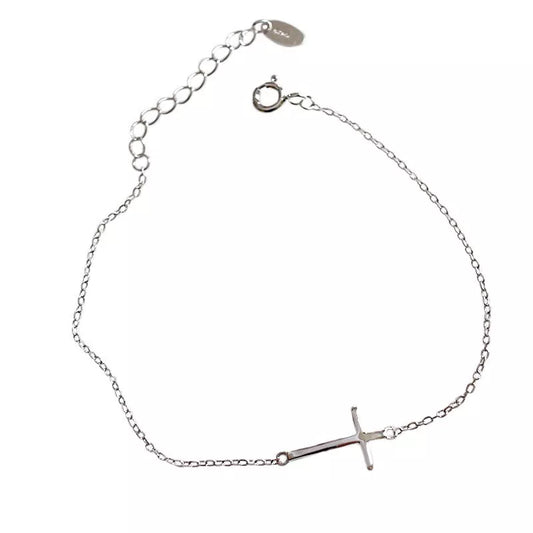 Sterling Silver Solid Sideways Cross Charm Chain Bracelet